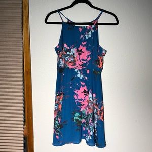 AQUA Blue Floral Dress with a Back Cut-Out